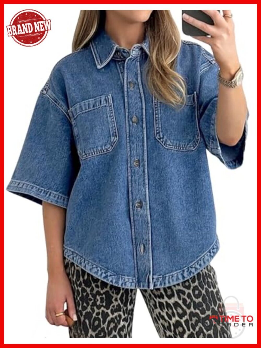 Lightweight Denim Button Down Shirt Oversized Fit with V-Hem